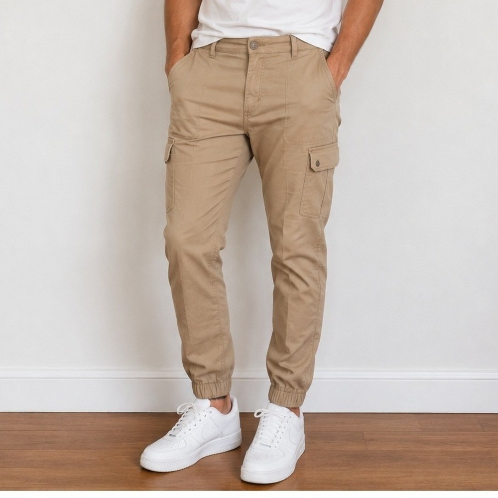 Twice Mens Slim Fit Cargo Jogger Pants Tan Khaki Tactical Utility 30-29